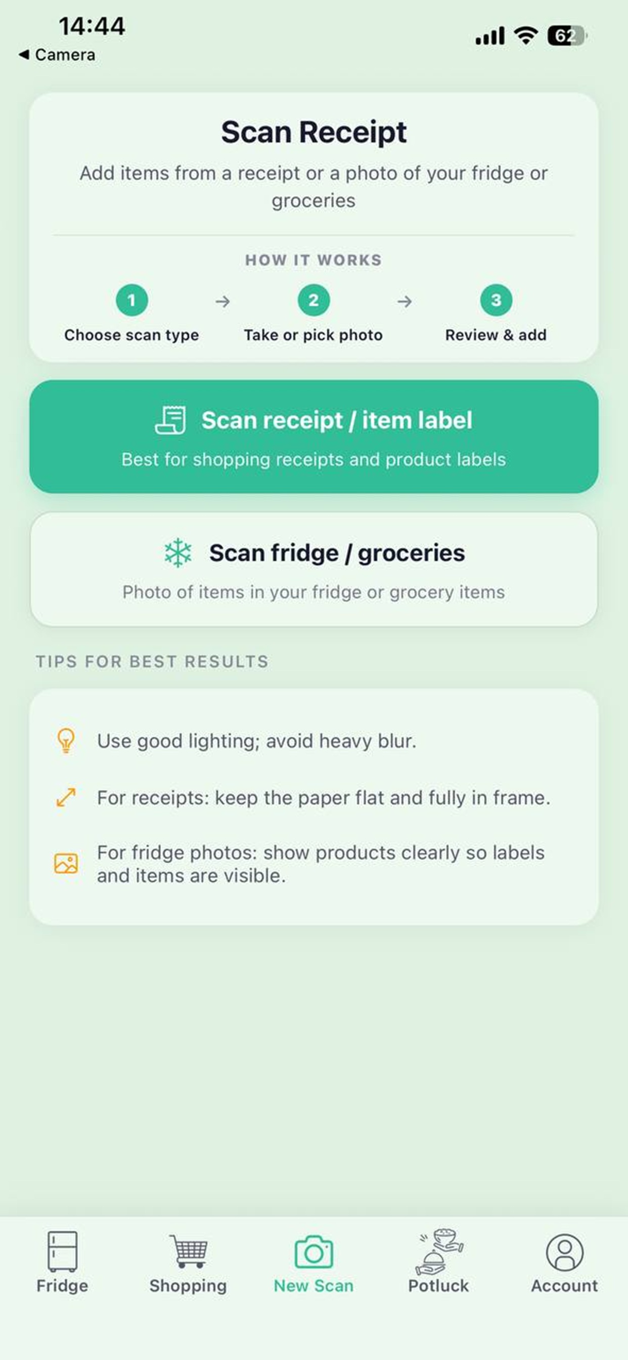 Scan receipts or fridge photos